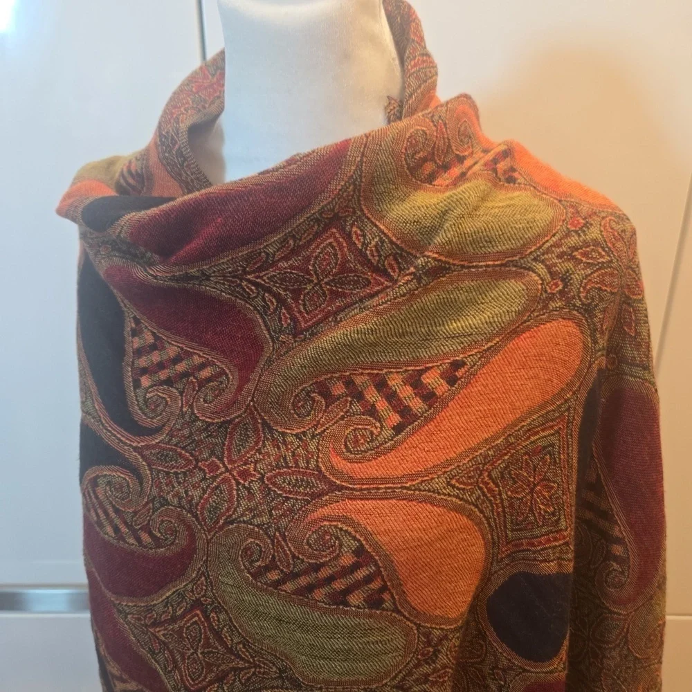 Cashmere Silk Pashmina Fringe Oversized Paisely Burgungdy Brown Scarf Shawl